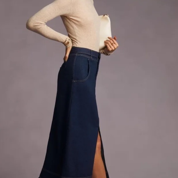 Anthropologie Pilcro Slit Front Denim Maxi Skirt Stretch Fray Hem Dark Blue - Picture 4 of 10